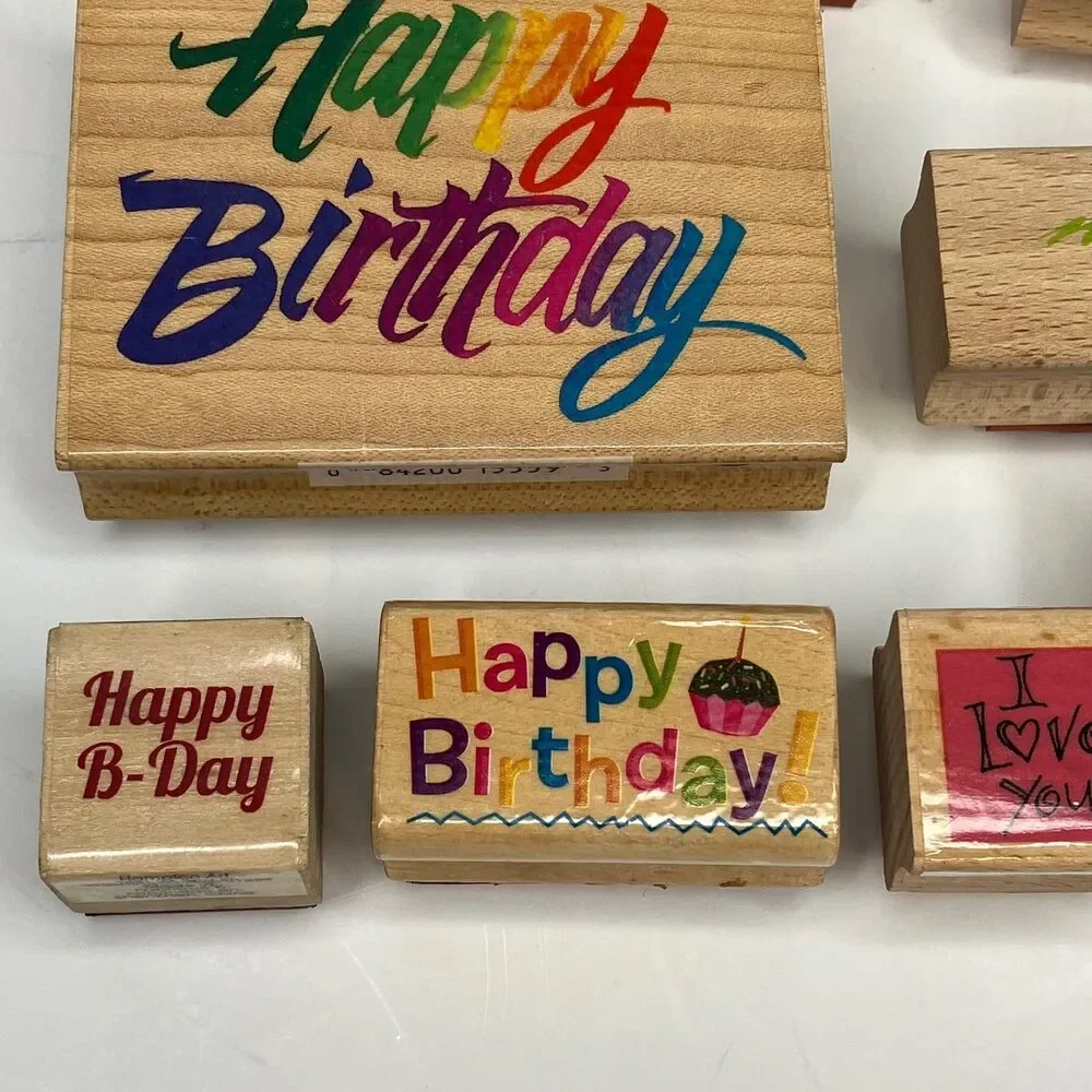Lot of 8 Assorted Happy Birthday Merry Christmas Thank You Rubber Stamps